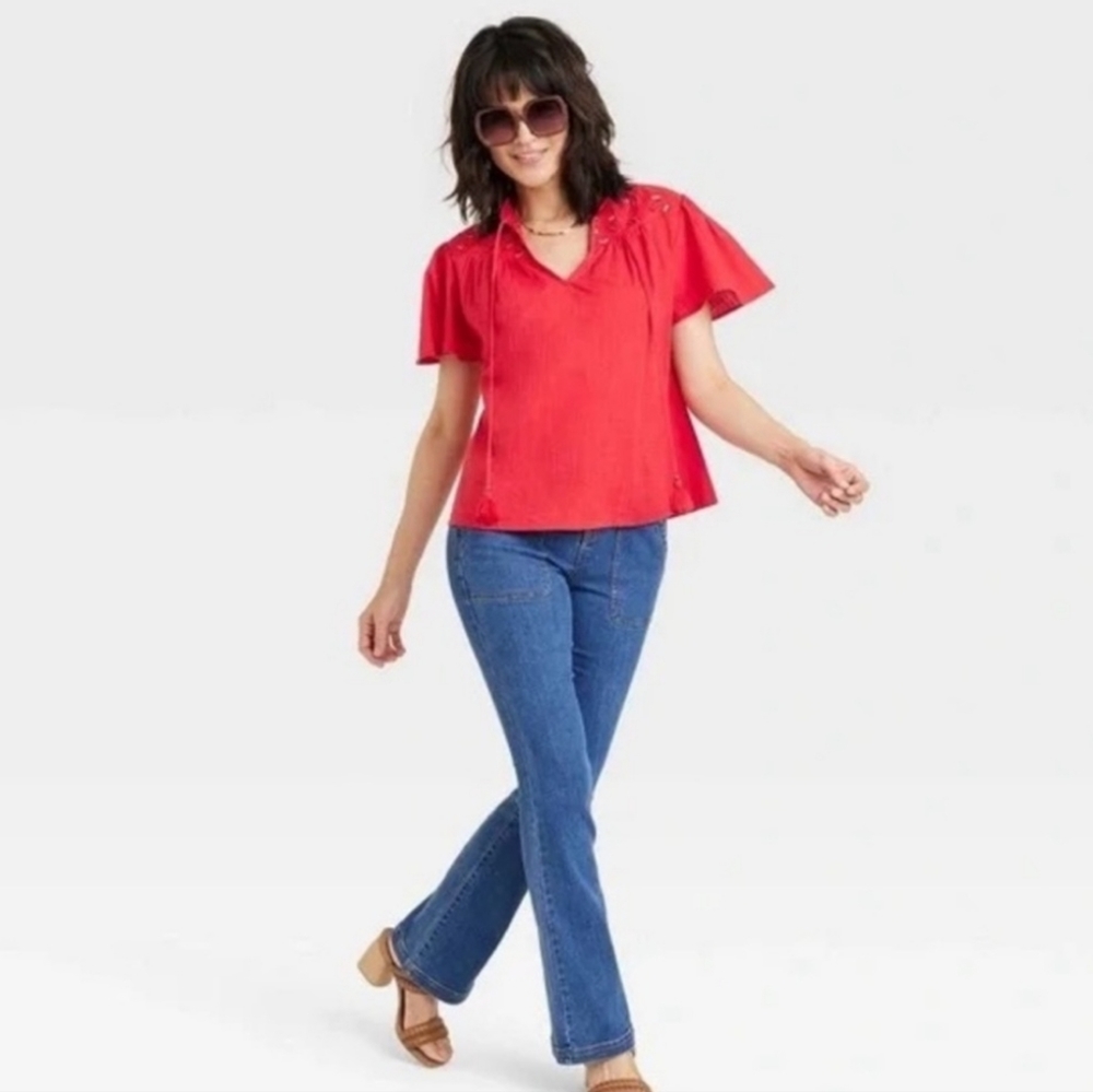 Women's Short Sleeve V-Neck Woven Eyelet Top - Knox Rose Red
